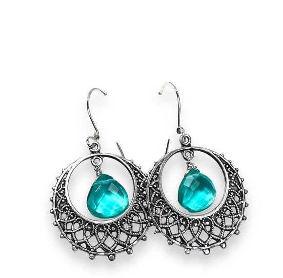 Filigree Emerald Earrings, Green/Blue Gemstone Earrings