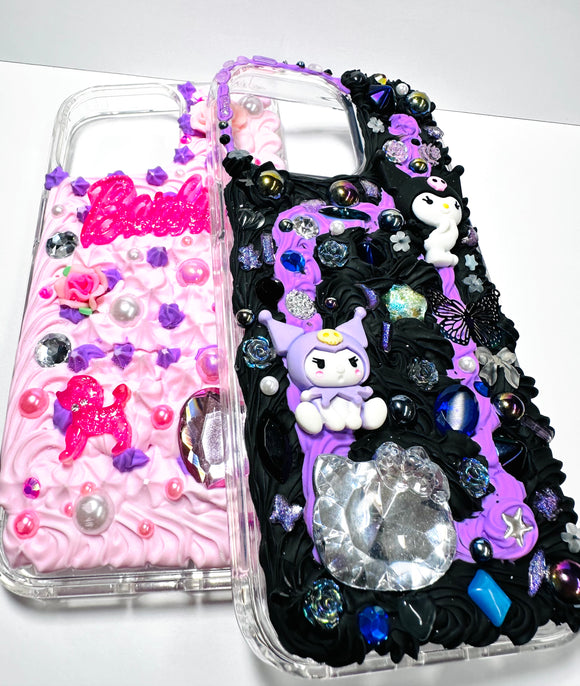 Decorated phone cases with a glue that looks like cake icing and little trinkets too