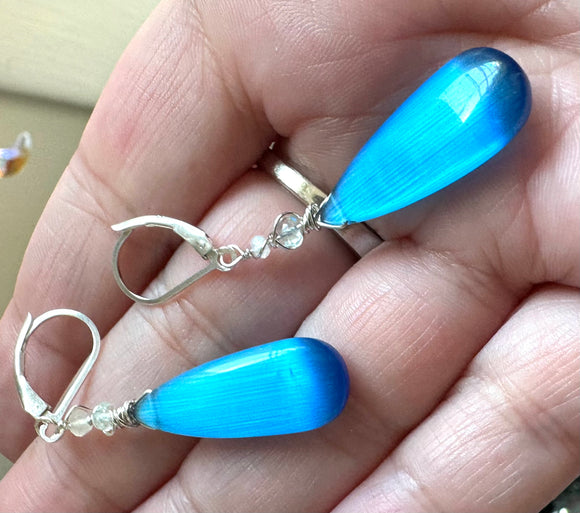 Cats Eye Quartz Ocean Blue Drop Earrings/wire Wrapped earrings