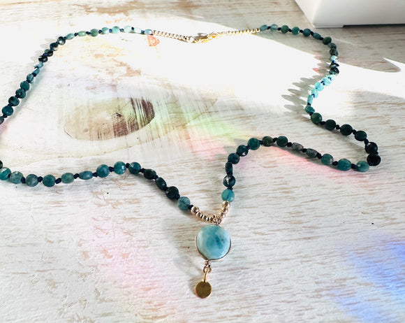 Indocholite Blue Tourmaline and Larimar Knotted Necklace