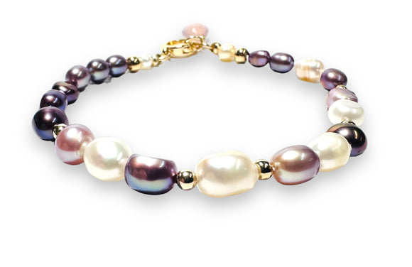 Gold filled beads and Pearl Bracelet with Chalcedont Charm, Purple and White Pearl Bracelet