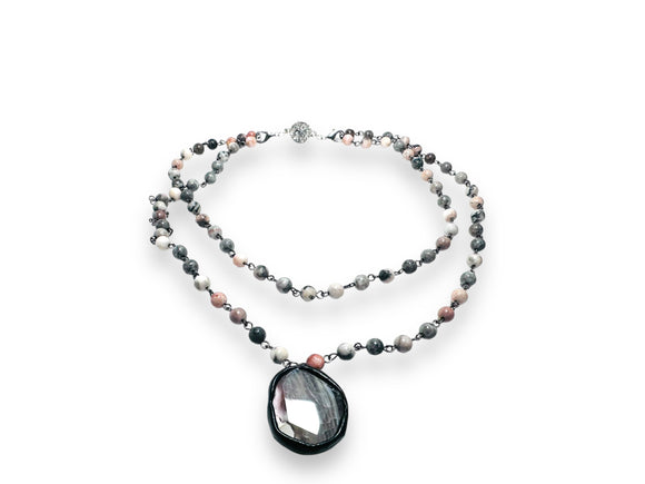 Beaded Adjustable Gemstone Necklace -Grey Pink Jade