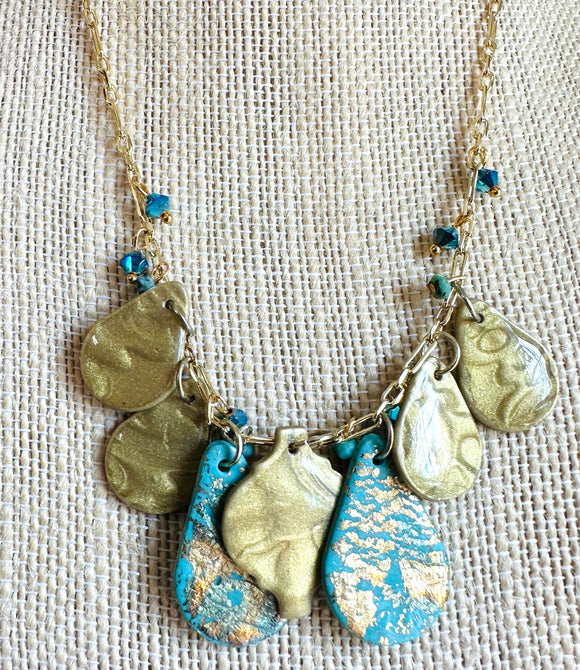 Polymer Clay Charm Necklace, Gold and Turquoise Necklace - Janine Design